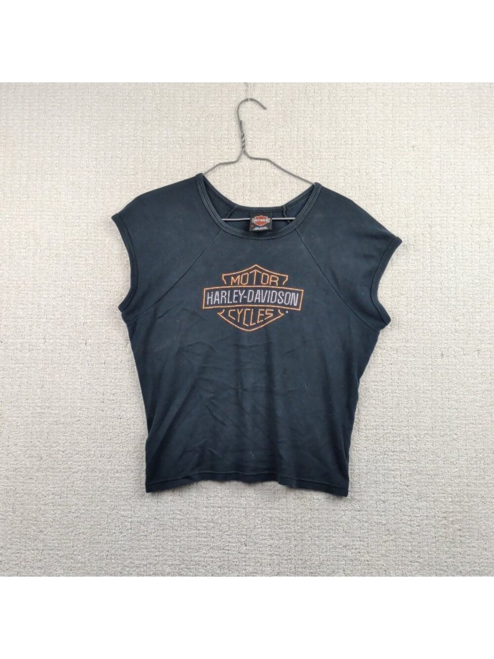 VTG Harley Davidson Cropped Black Glitter Graphic Tee T-Shirt USA Made Grunge